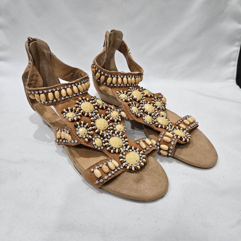 Kelsi Dagger Womens Gladiator Sandals Size 7.5 Beige Brown Embellished Bohemian